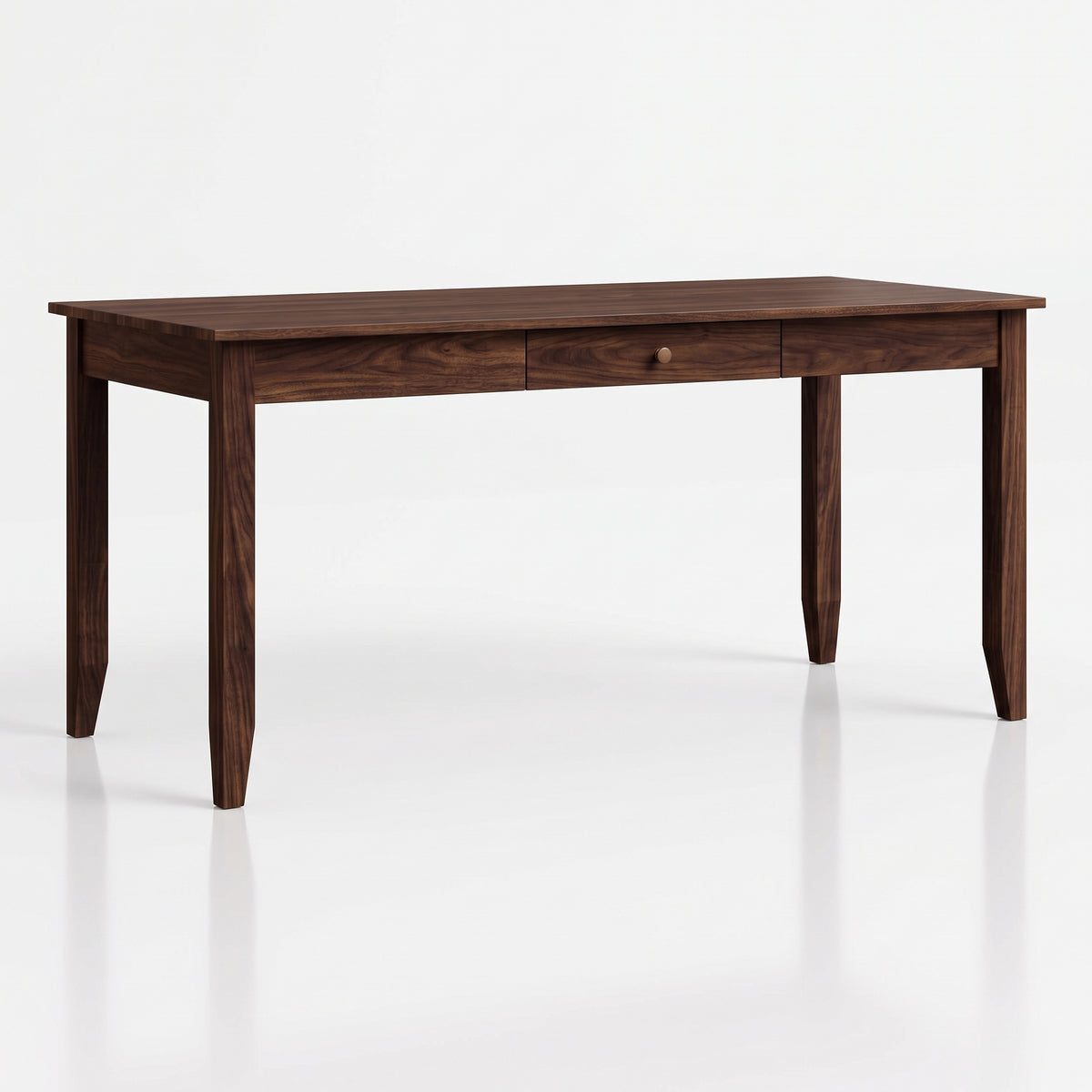 A dark brown wooden writing desk with a rectangular top, two drawers, and four tapered legs, shown on a clean white background.