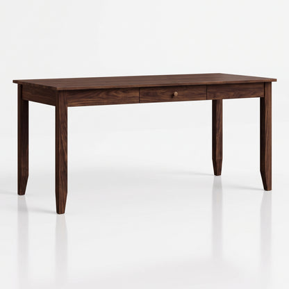 A dark brown wooden writing desk with a rectangular top, two drawers, and four tapered legs, shown on a clean white background.