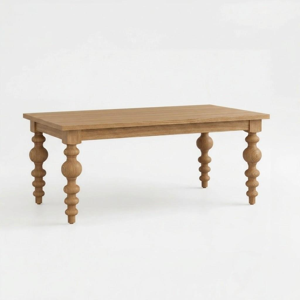 The Aubrey Dining Table is a rectangular solid wood dining table featuring a smooth top and four turned, spindle-style legs, handcrafted in the USA and displayed against a plain white background.