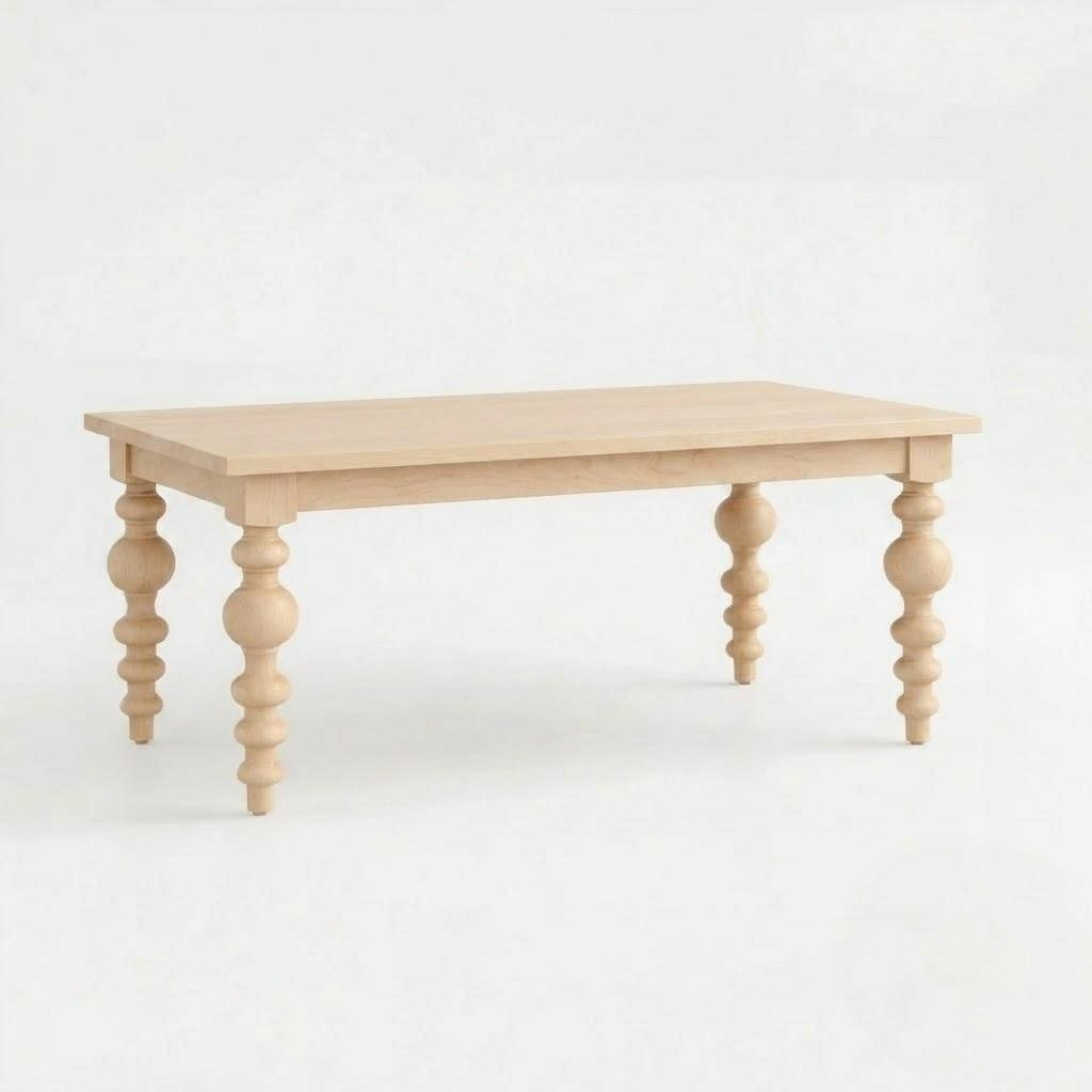 Introducing The Aubrey Dining Table: a handcrafted, solid wood dining table featuring a rectangular top and four ornate, spindle-shaped legs, made in the USA and showcased against a plain white background.