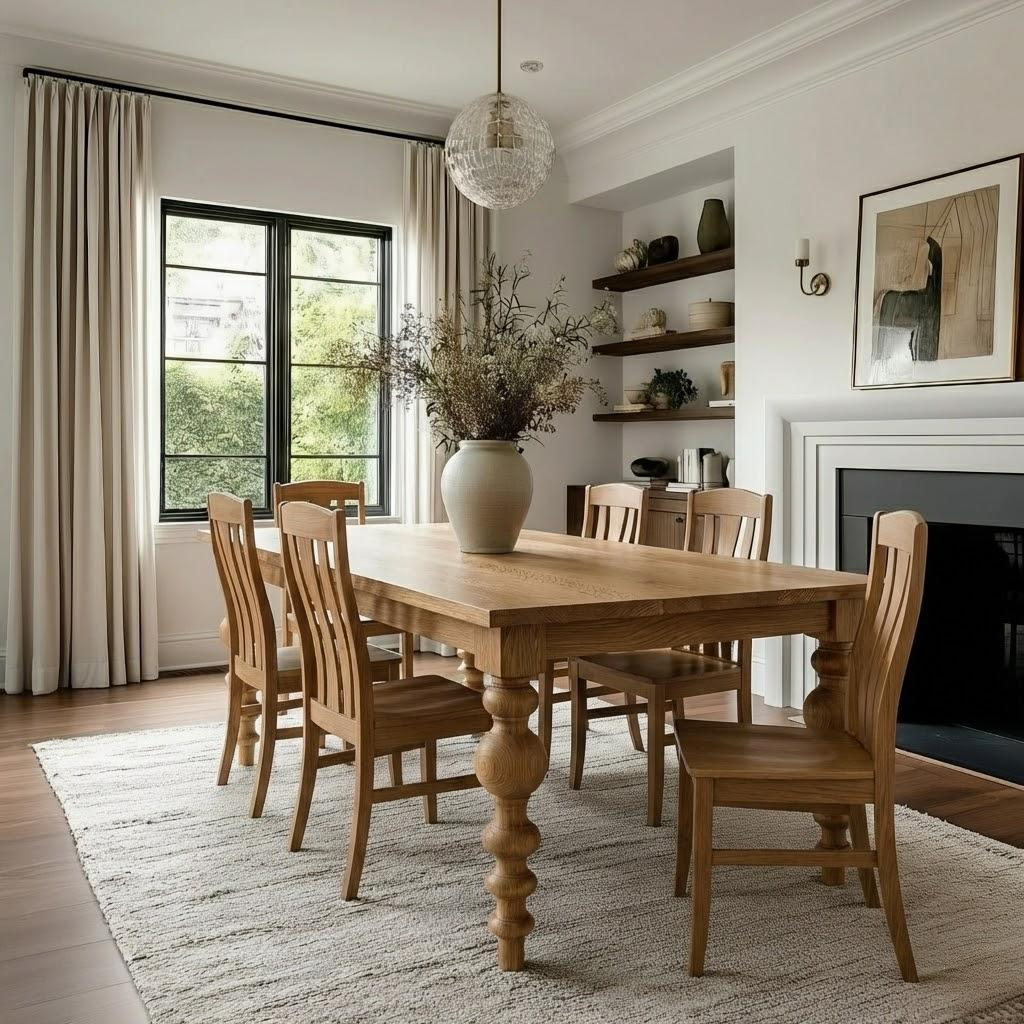 Dining room with wooden table and chairs, large window, and fireplace.