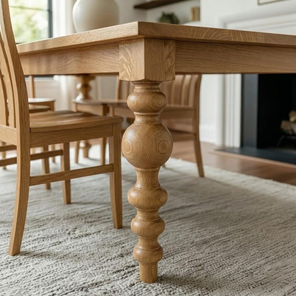 Wooden dining table with intricate leg design in a room with chairs and a fireplace.