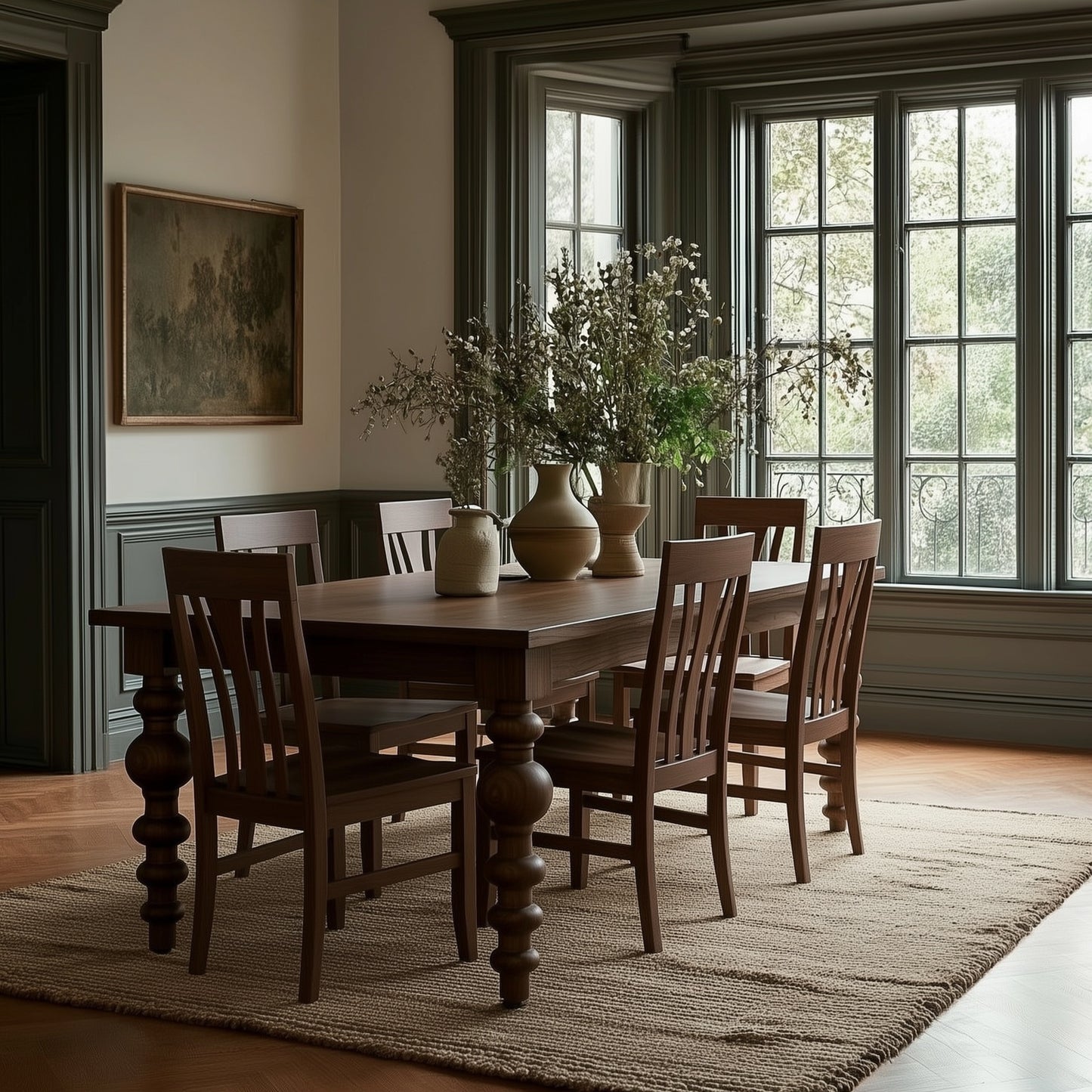 A cozy dining room with The Aubrey Dining Table, featuring extension leaves and six matching chairs, vases of greenery as a centerpiece, large windows for natural light, a framed painting on the wall, and a woven rug underfoot.