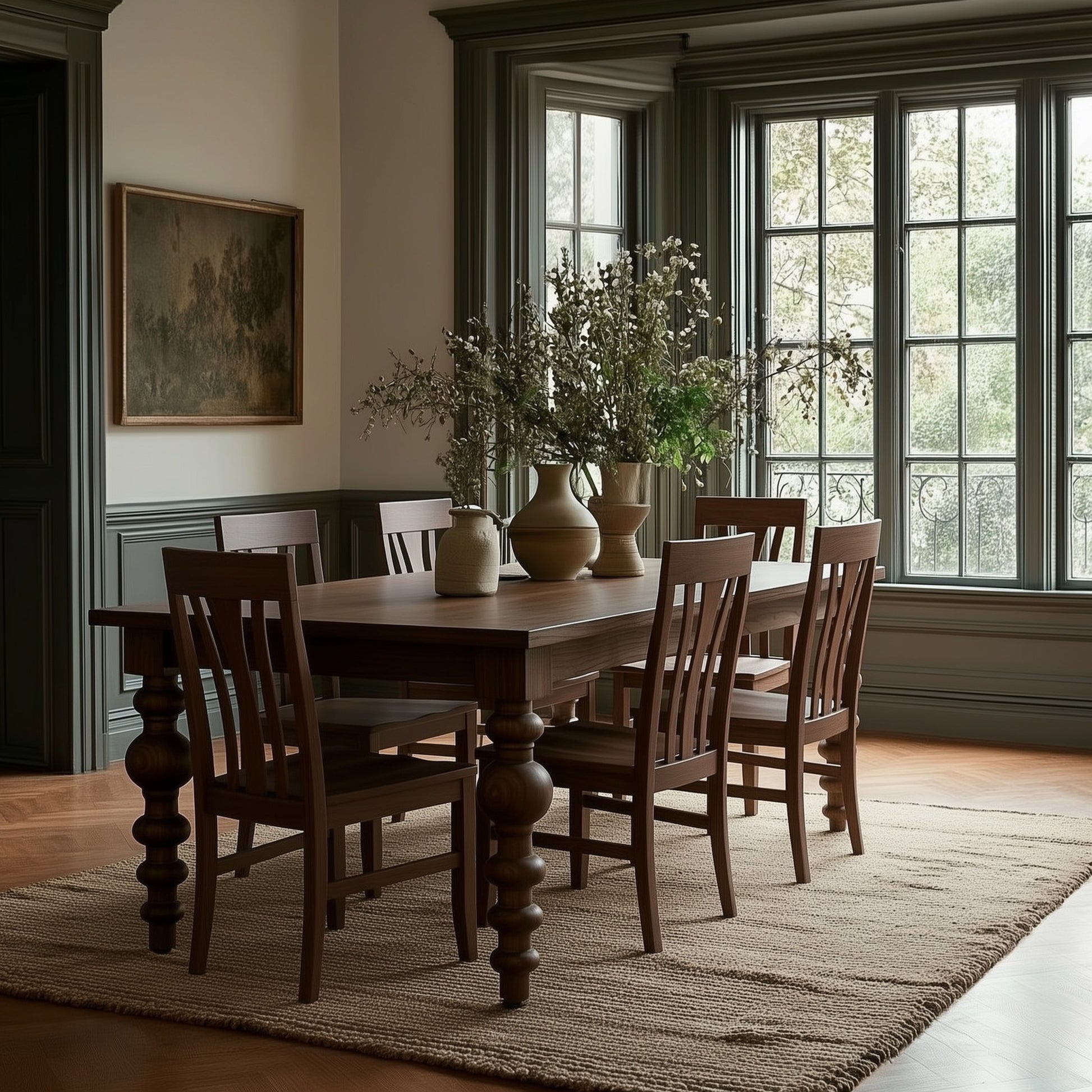 A cozy dining room with The Aubrey Dining Table, featuring extension leaves and six matching chairs, vases of greenery as a centerpiece, large windows for natural light, a framed painting on the wall, and a woven rug underfoot.