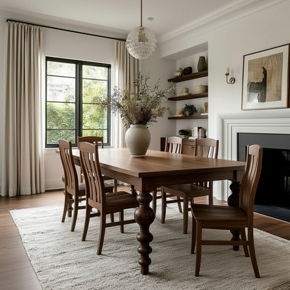 A bright dining room featuring The Aubrey Dining Table with extension leaves, six matching chairs, a large vase with dried flowers, open shelves, a fireplace, neutral walls, and a window with cream curtains letting in natural light.
