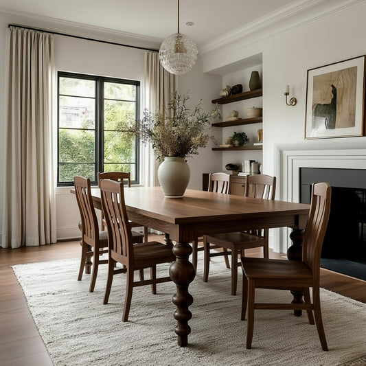 A bright dining room featuring The Aubrey Dining Table with extension leaves, six matching chairs, a large vase with dried flowers, open shelves, a fireplace, neutral walls, and a window with cream curtains letting in natural light.