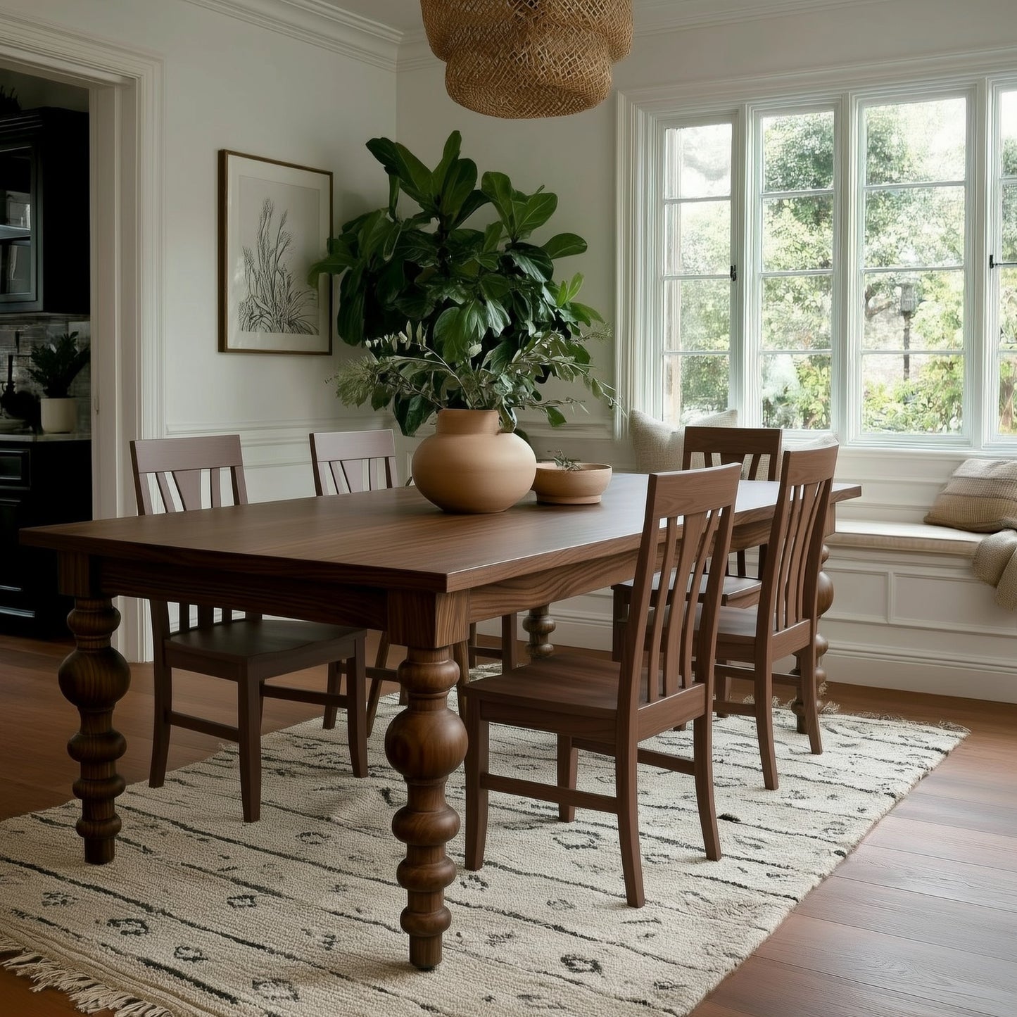 A dining room with The Aubrey Dining Table, a solid walnut design with extension leaves, six matching chairs, potted plants, ceramic vases, a patterned rug, large windows, and bench seating. Natural light warms this cozy handcrafted USA space.
