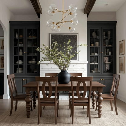 Dining room with wooden table and chairs, black vase with greenery, and dark cabinets. Modern bold turned legs, solid handcrafted usa made walnut dining table and matching chairs customized extendable. organic modern, large dark blue build-ins and white brick fireplace.