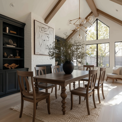 Modern bold turned legs, solid handcrafted usa made walnut dining table and matching chairs customized extendable. organic modern, large dark blue build-ins and white brick fireplace, vaulted ceilings. 