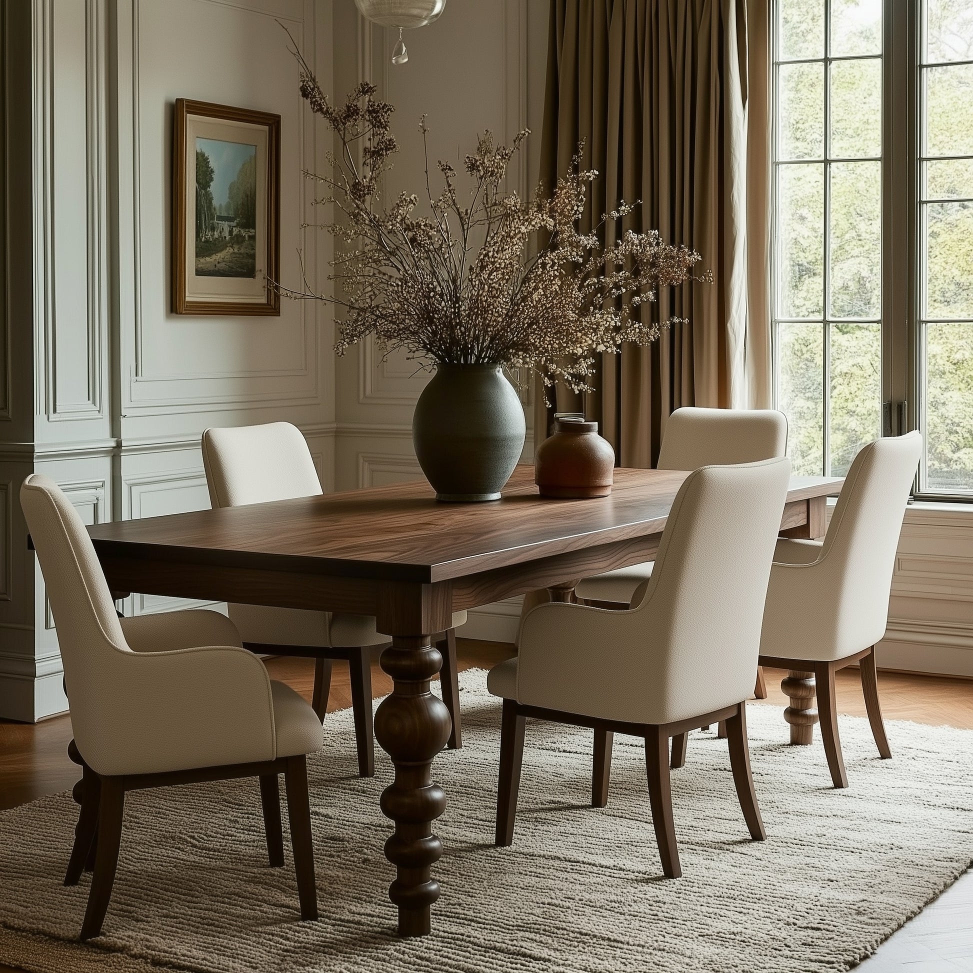 A dining room featuring The Aubrey Dining Table, handcrafted in solid walnut with extension leaves, five cream chairs, a large vase with dried branches centerpiece, a framed wall picture, and beige curtains allowing natural light.