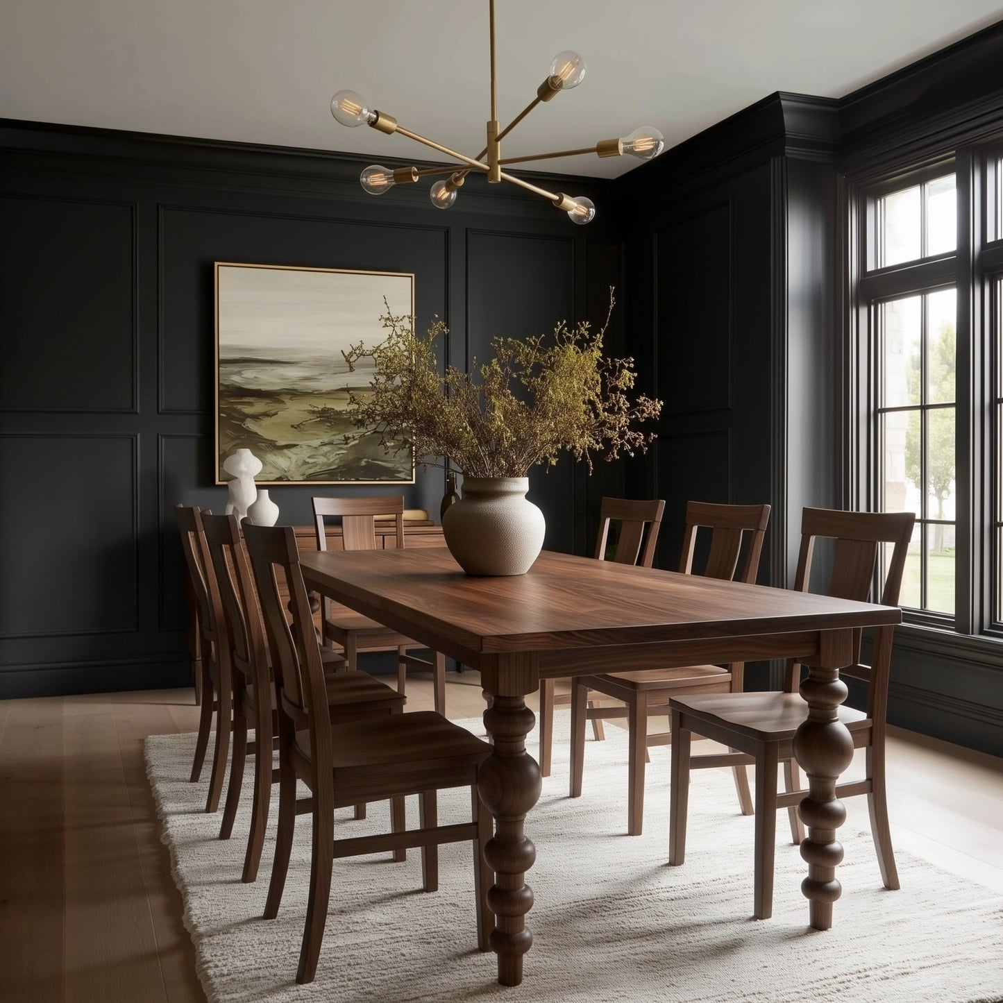 Dining room with wooden handcrafted walnut usa made custom table and chairs, dark moody walls, and a large window. modern organic moody room, white rug, gold light fixture