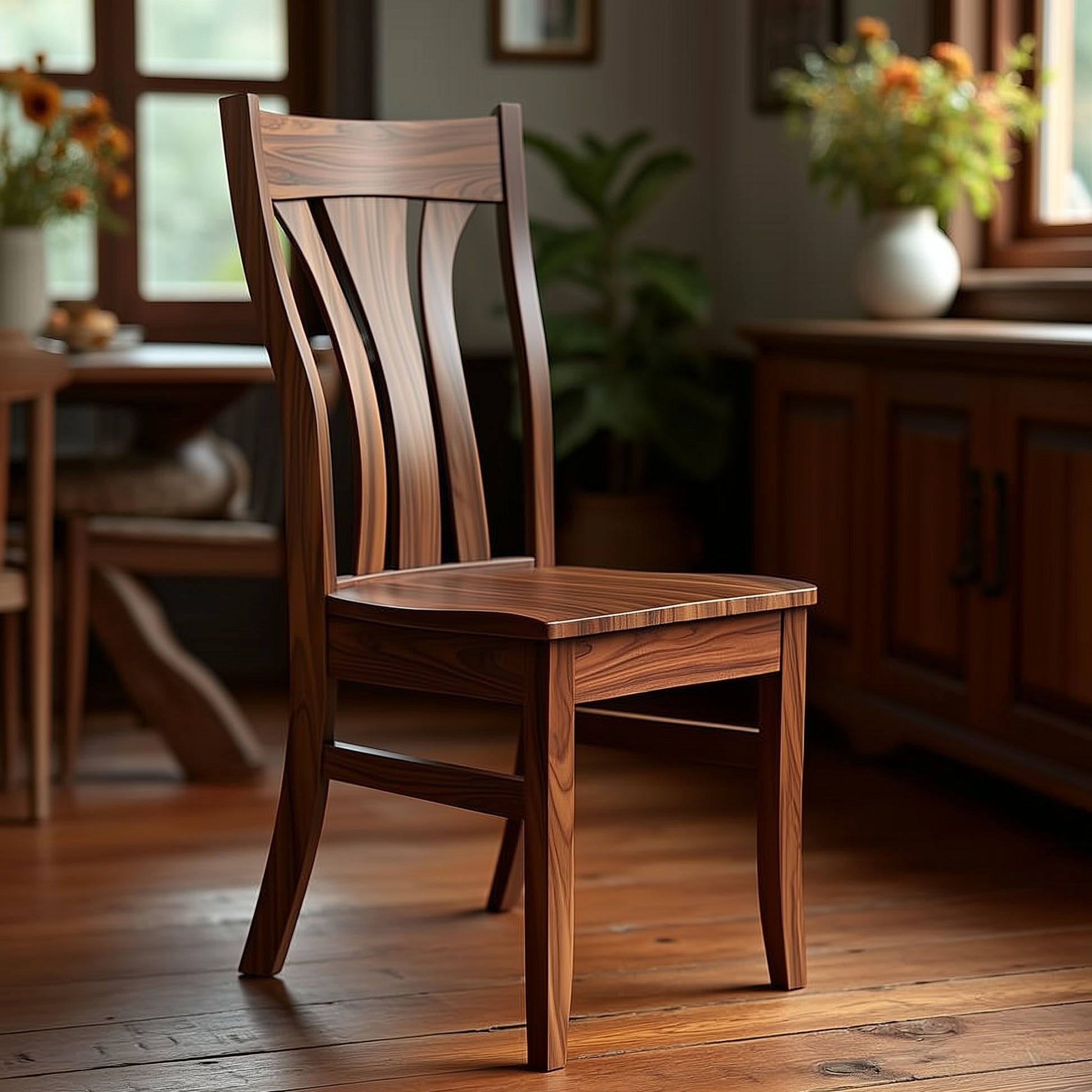 The Avery Chair, a handcrafted wooden seat with a curved backrest, rests on a polished wood floor in a cozy, sunlit room surrounded by potted plants and matching wooden furniture.