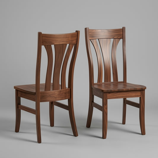 Two handcrafted solid walnut premium custom usa made wooden chairs on a gray background