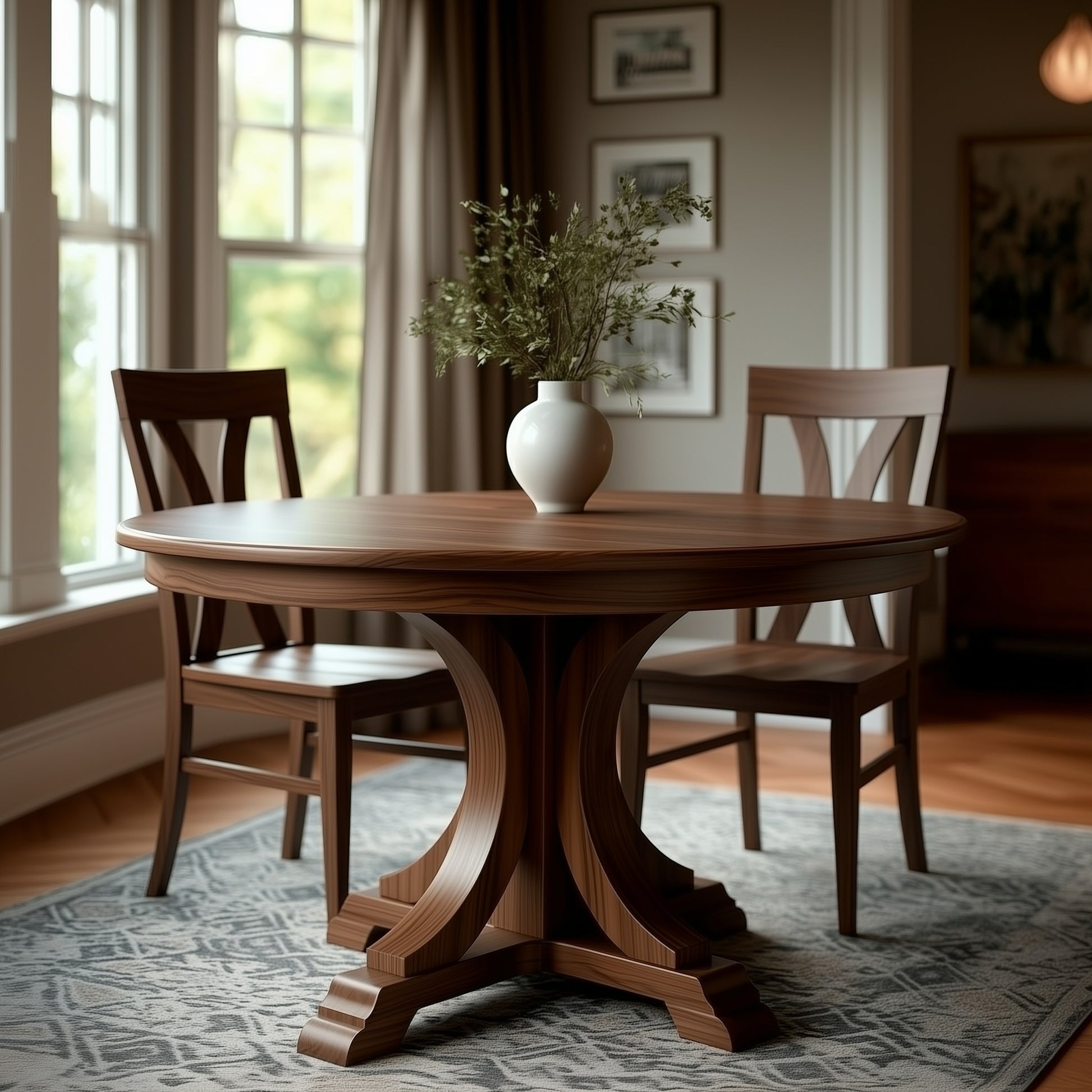 The Barclay Dining Table, handcrafted in the USA from solid walnut with extension leaves and two matching chairs, stands on a patterned rug by large windows. A white vase with green foliage decorates its center in this bright, elegant room.