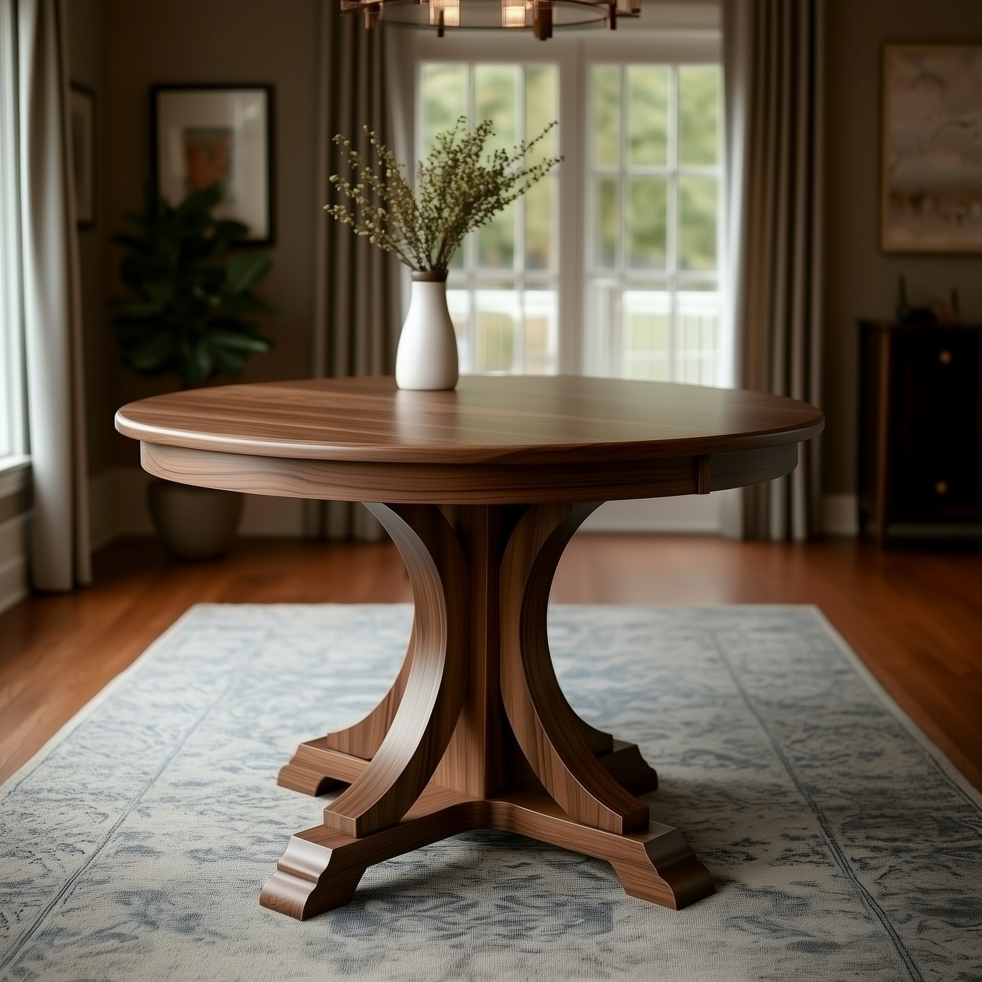 The Barclay Dining Table, handcrafted from solid walnut in the USA, stands on a patterned rug in a bright room. Large windows fill the space with natural light, while a white vase with green branches adorns the center of the table.