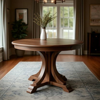 The Barclay Dining Table, handcrafted from solid walnut in the USA, stands on a patterned rug in a bright room. Large windows fill the space with natural light, while a white vase with green branches adorns the center of the table.