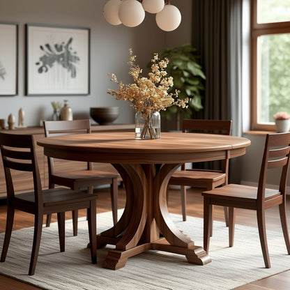 The Barclay Dining Table, handcrafted from solid walnut in the USA, is paired with four chairs and a vase of dried flowers in a softly lit dining room with modern decor, framed art, and a large window.
