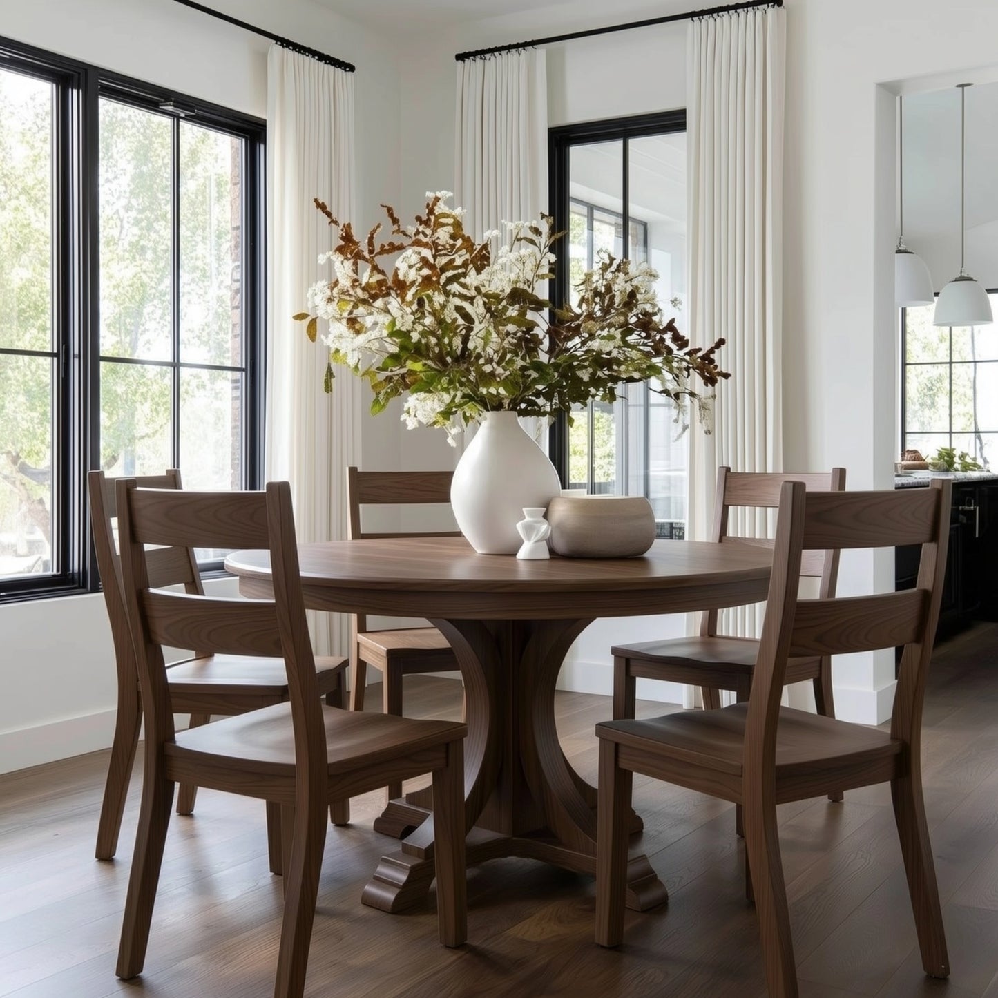 Dining room with walnut handcrafted custom hardwood usa made wooden table and chairs, white vase with flowers, and large windows. black window frames, white drapes