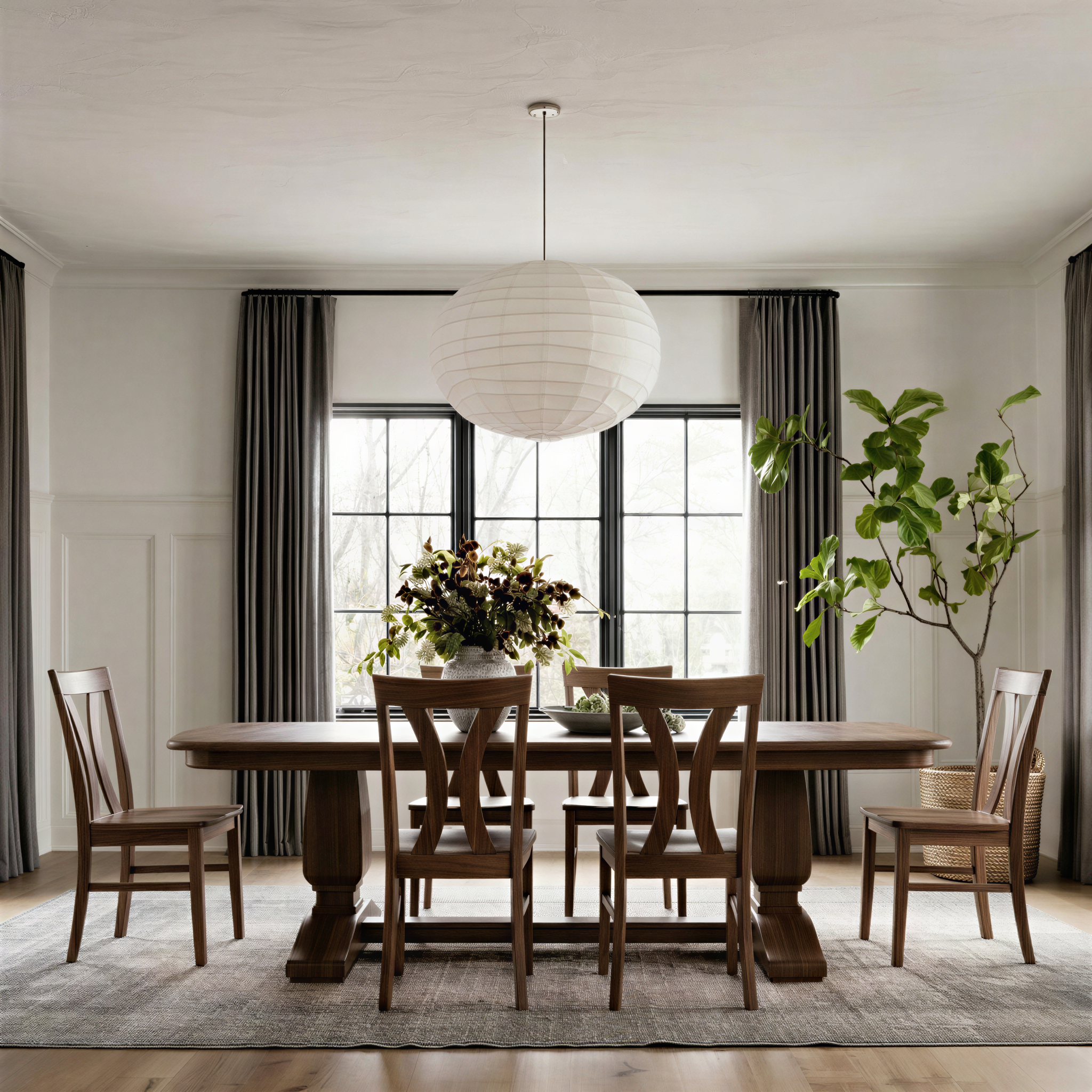 Dining room with wooden table and chairs, large window, and decorative plants. usa custom solid walnut handcrafted dining table and chairs extendable.
