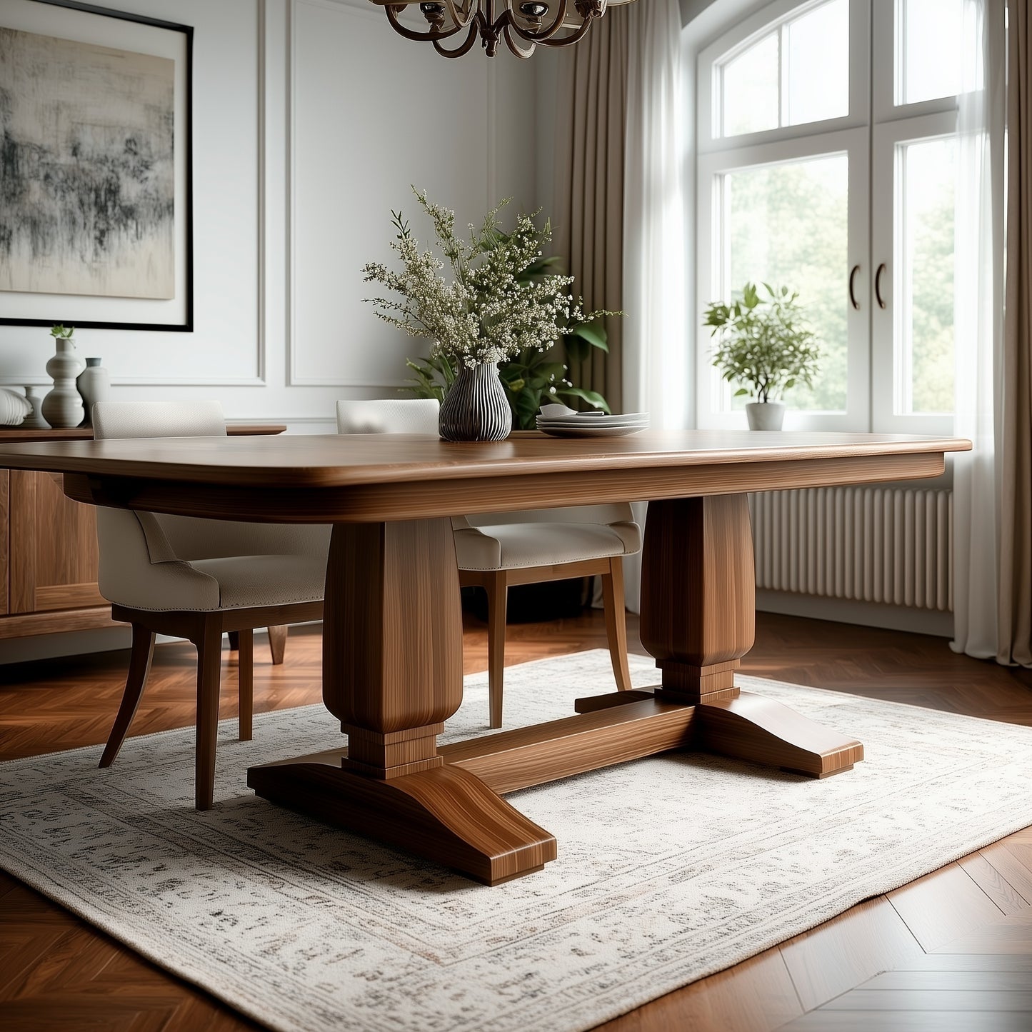 Dining room with wooden table and chairs in a well-lit room with large windows.