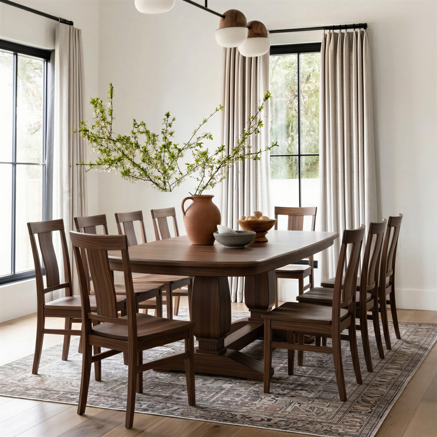 Dining room with wooden table and chairs, large windows, and decorative elements. usa custom solid walnut handcrafted dining table and chairs extendable.
