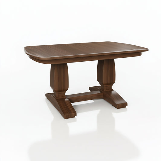 The Benson Dining Table (Hold release) is a handcrafted solid walnut table with a smooth top and two ornate pedestal legs on sturdy bases, made in the USA and shown against a white background.