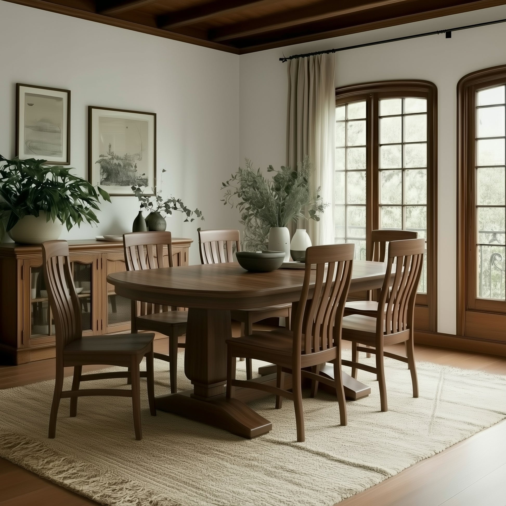 Dining room with wooden table and chairs in a well-lit room with large windows.