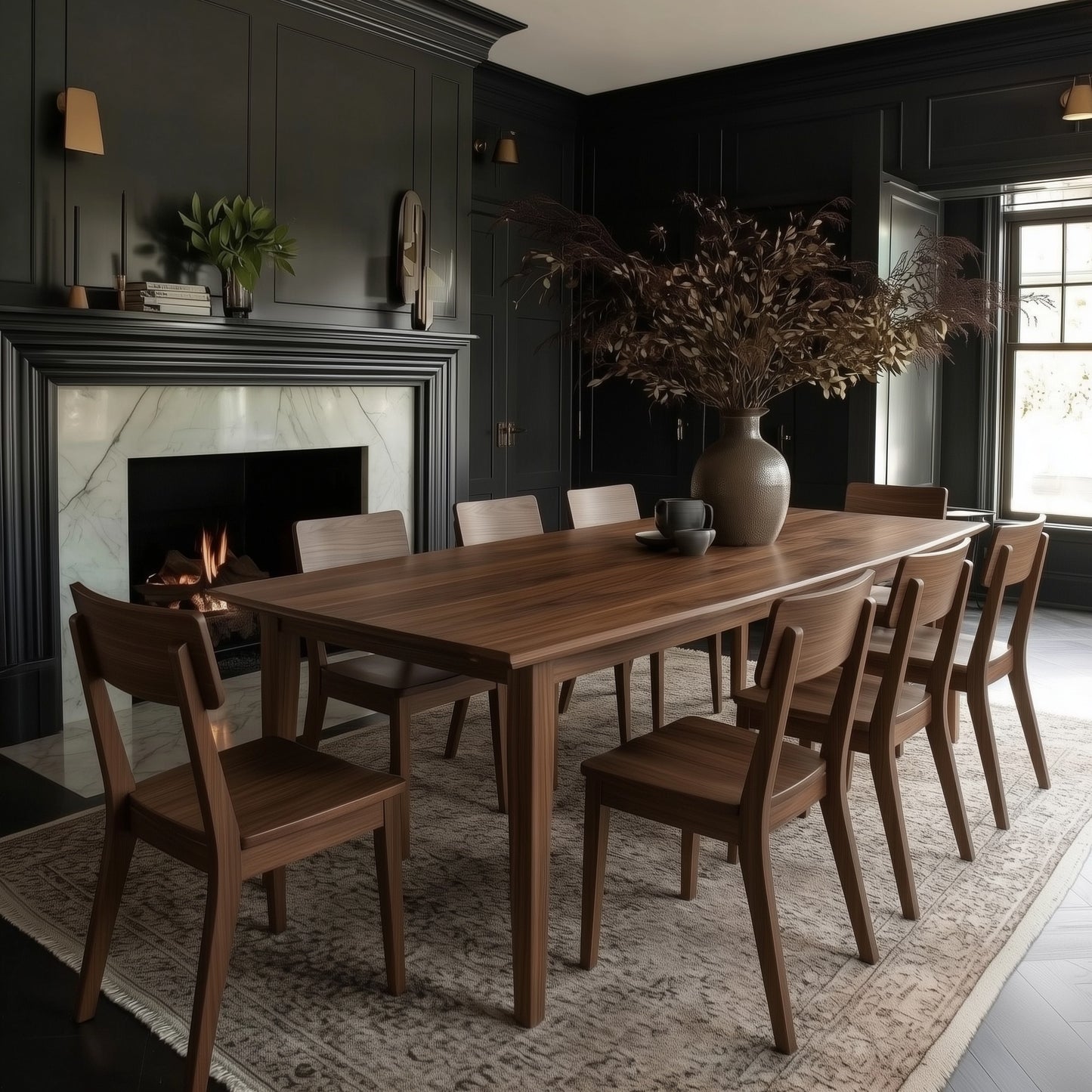 Dining room with walnut handcrafted usa made customizable wooden table and chairs in front of a fireplace. moody organic modern, color drenched, dark painted walls,marble fireplace