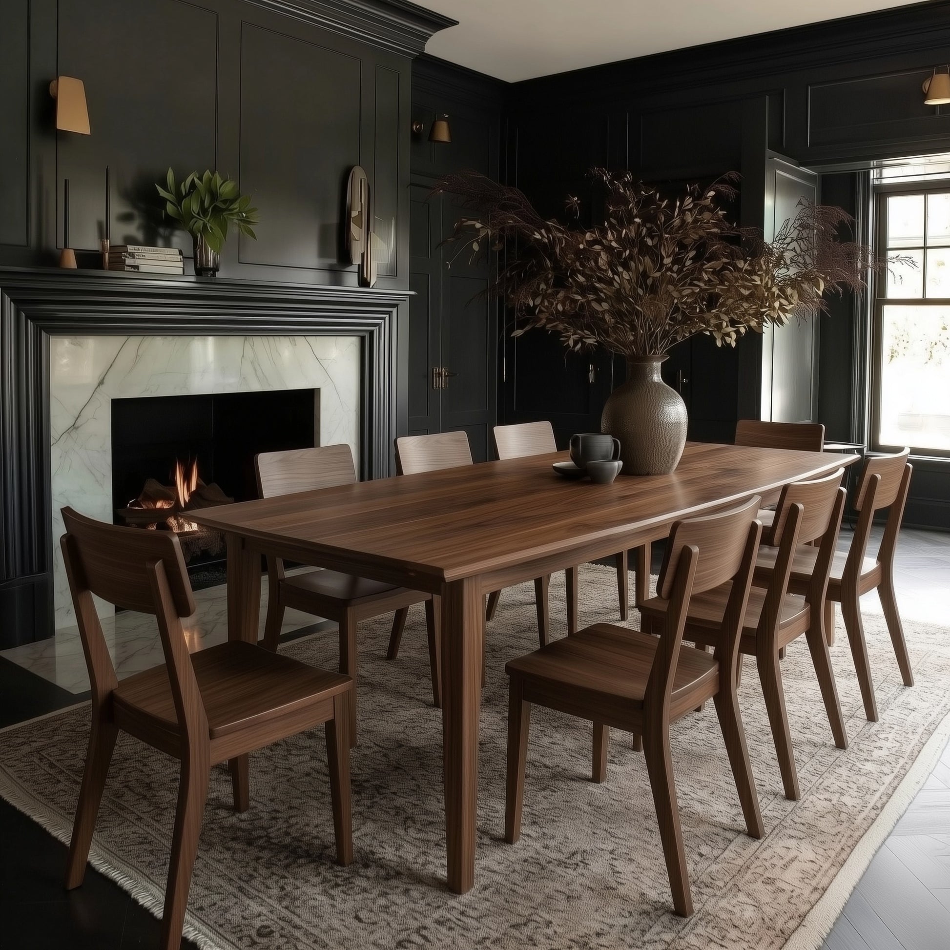 Dining room with walnut handcrafted usa made customizable wooden table and chairs in front of a fireplace. moody organic modern, color drenched, dark painted walls,marble fireplace