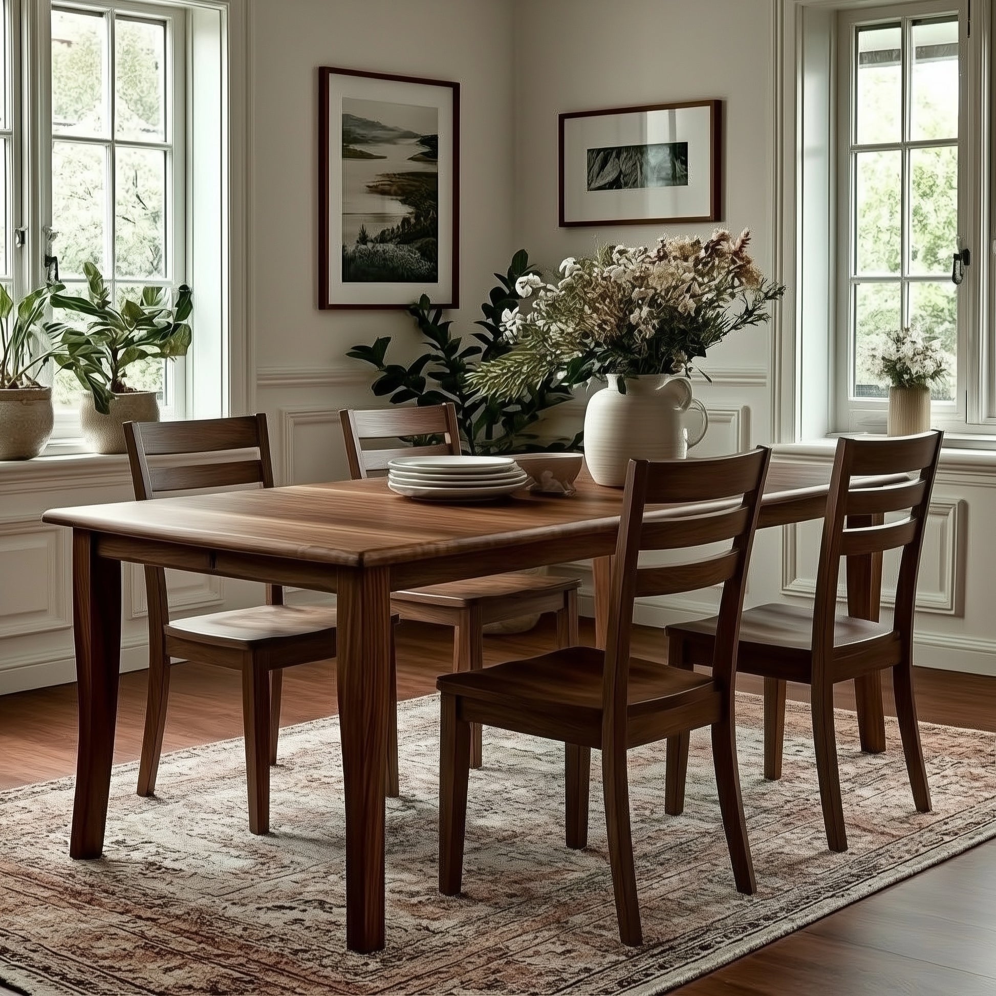 walnut american made Dining room with wooden table and chairs, plants, and framed pictures on the wall.