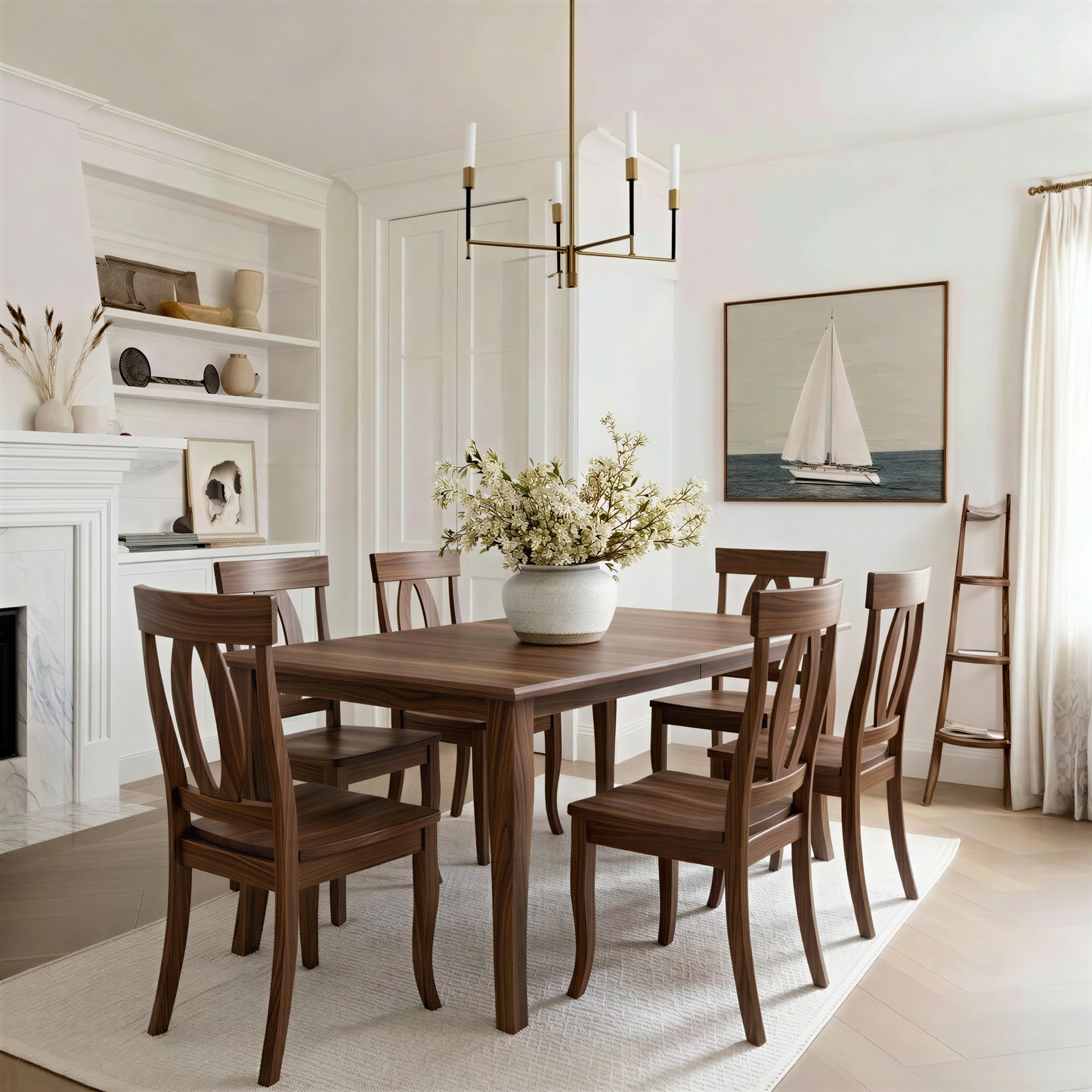 nautical classic nantucket white Dining room with walnut solid hardwood handcrafted usa made custom wooden table and chairs, fireplace, and artwork on the wall.