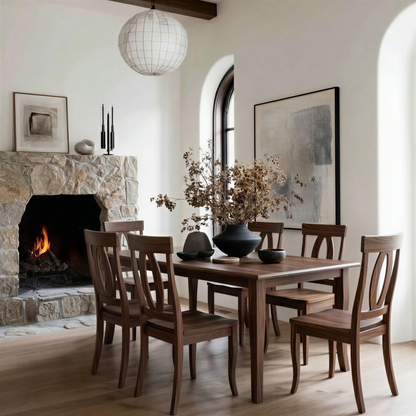 classic cozy white Dining room with walnut solid hardwood handcrafted usa made custom wooden table and chairs, fireplace, and artwork on the wall.