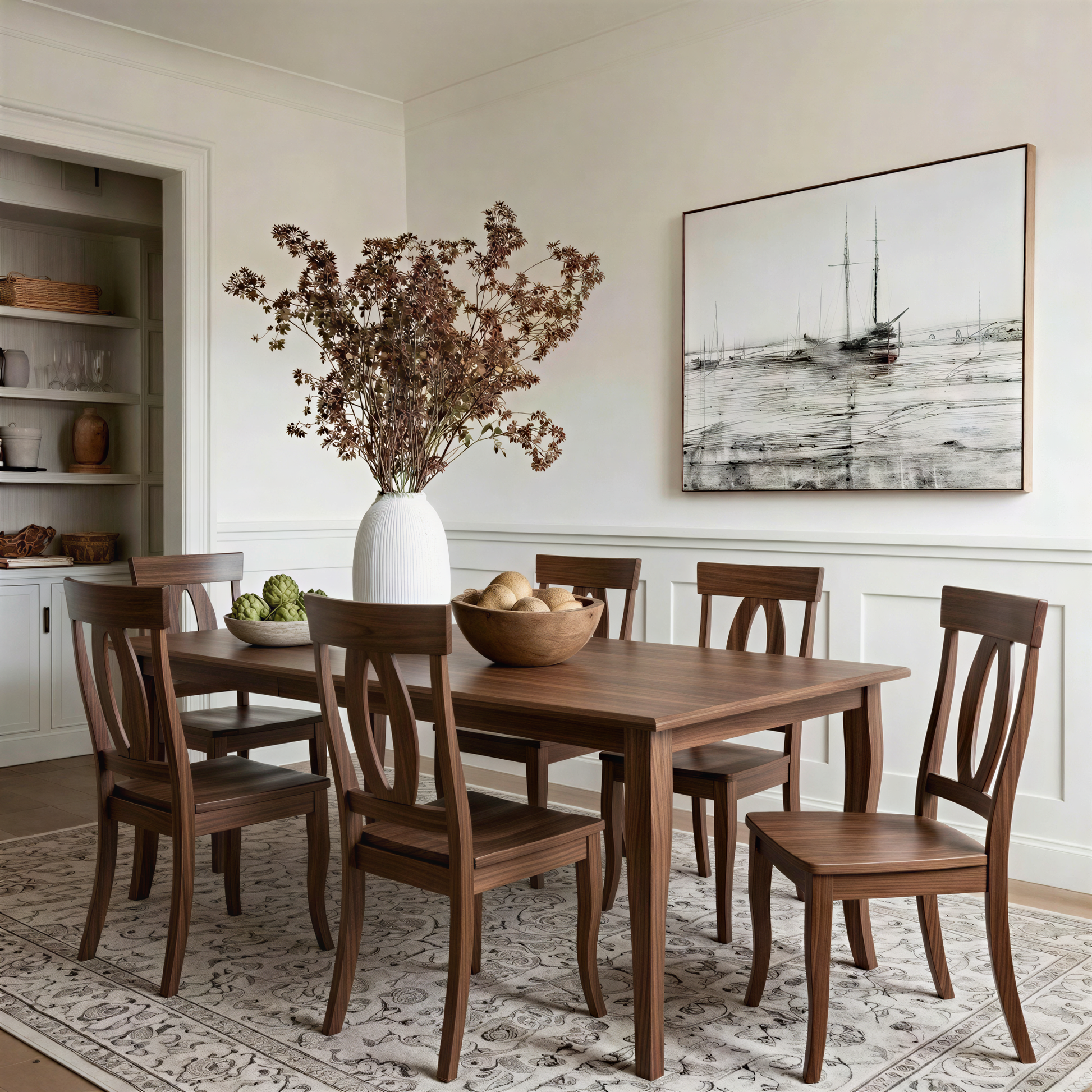 classic lake white Dining room with walnut solid hardwood handcrafted usa made custom wooden table and chairs, and artwork on the wall.