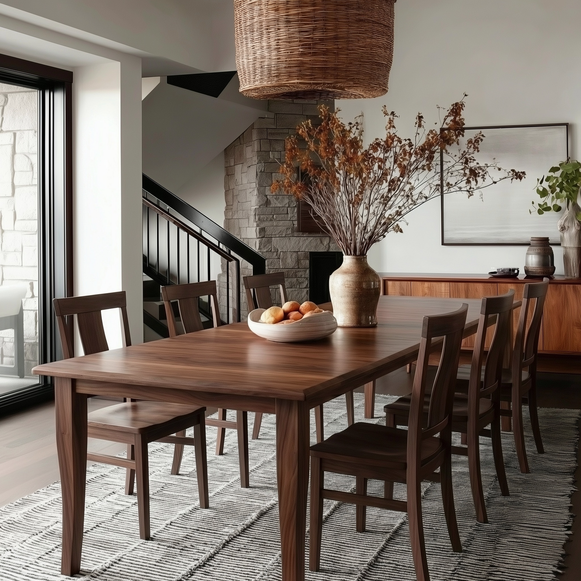Brooks solid walnut handcrafted custom dining table and matching walnut panel back chairs in a well lit dining room with black trim.