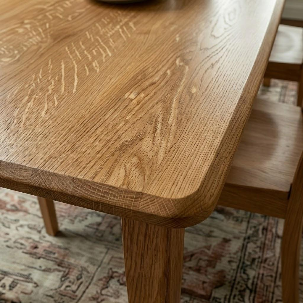 Close-up of a Quarter Sawn White Oak wooden table with a chair partially visible on a patterned rug.