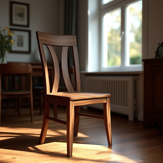 The Callahan Chair, a handcrafted dining chair with a decorative backrest, sits in a sunlit room with wooden floors near a window, casting soft shadows amid other furniture and framed pictures in the background.