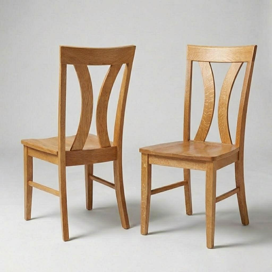 two front and back side by side modern curved back solid hardwood quarter-sawn white oak usa handmade dining chairs on white.