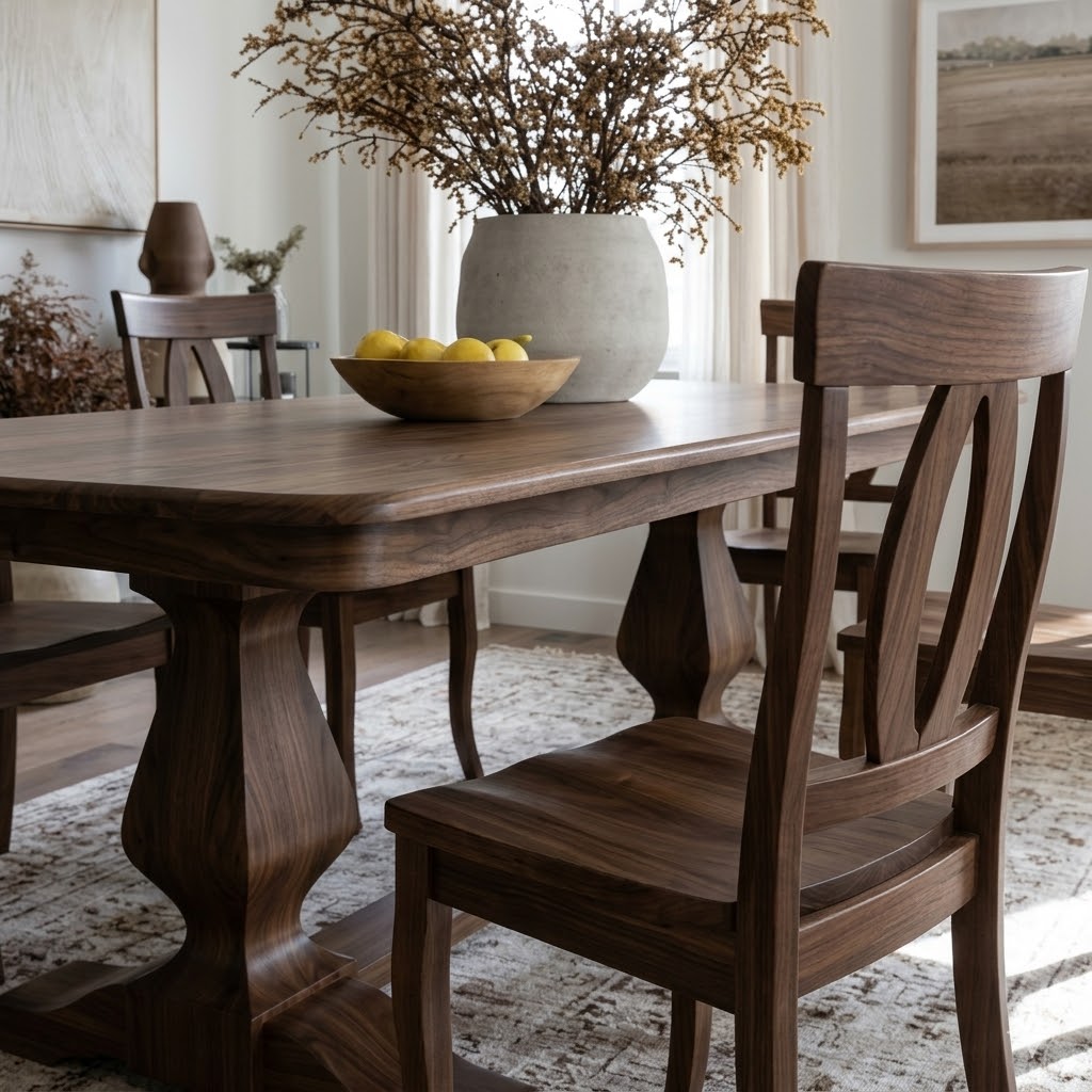 solid walnut hardwood handcrafted table set usa made. close up
