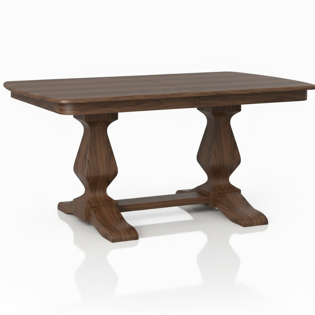The Campbell Dining Table is handcrafted in the USA from solid walnut, with a smooth top, rounded edges, two thick pedestal legs joined by a bar, and a dark finish. Optional extension leaves add extra versatility.