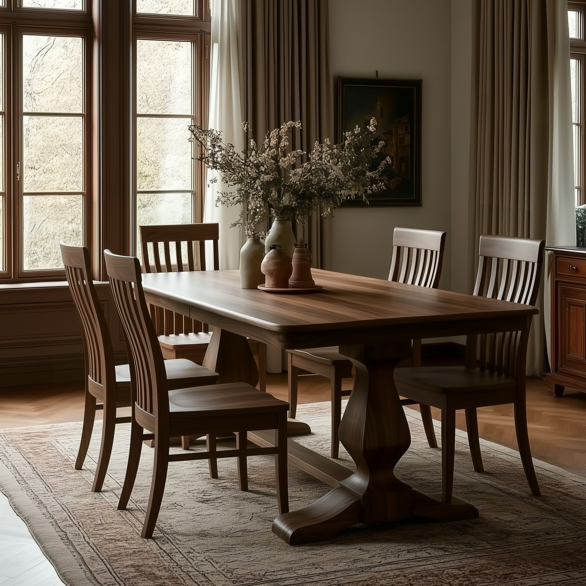 The Campbell Dining Table, handcrafted from solid walnut in the USA, is paired with six chairs and set on a rug in a bright room with large windows, flowing curtains, and vases with branches. Natural light fills the elegant, classic space.