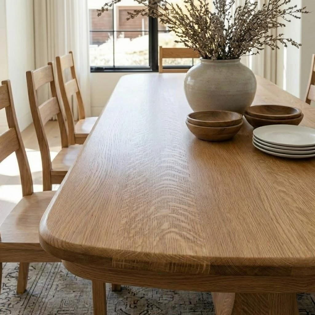 Wooden dining table with chairs and decorative items in a bright room.