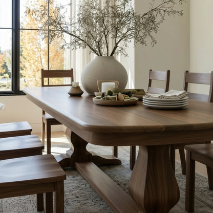 Dining room with a wooden table and chairs, featuring a vase with branches on the table. Close up image of a handcrafted usa made solid walnut trestle table.
