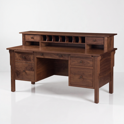 A dark brown wooden writing desk with a matching hutch featuring multiple drawers, open cubbies, and a shelf, shown on a clean white background.