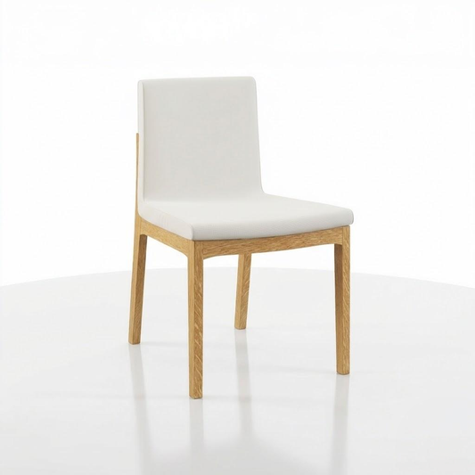 White chair with wooden solid hardwood quarter-sawn white oak legs on a white background