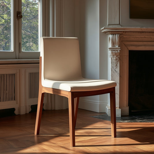 The Carver Chair, featuring a cream-colored cushioned seat and backrest, is positioned in a sunlit room beside a marble fireplace and a large window overlooking trees.