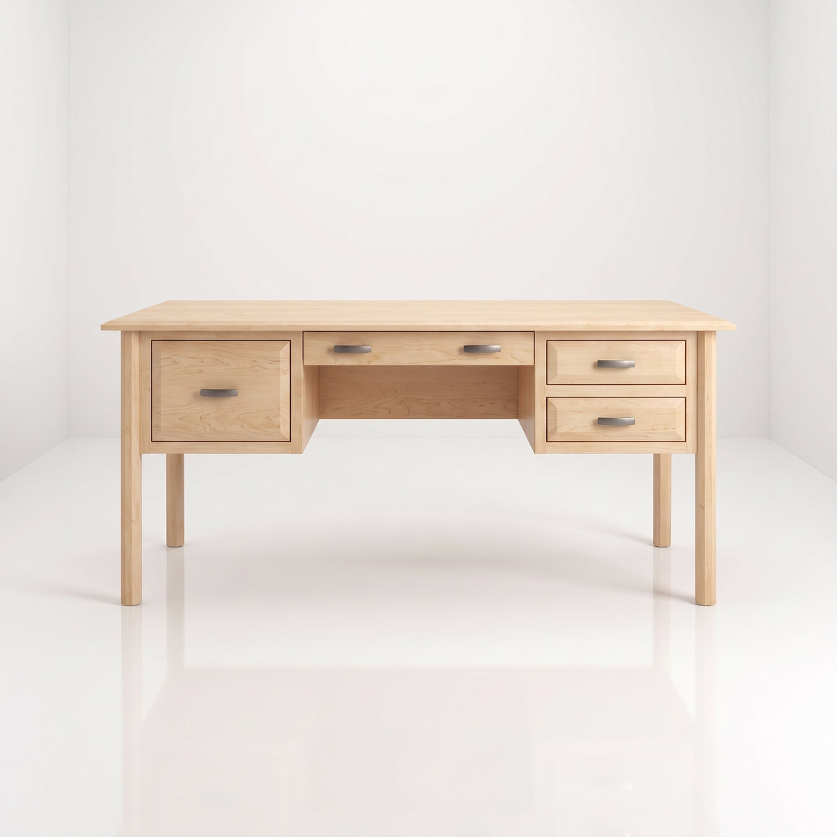 The Charlotte Hardwood Desk features a large drawer on the left, a central pencil drawer, and two stacked drawers on the right, all accented with silver handles for functional storage.