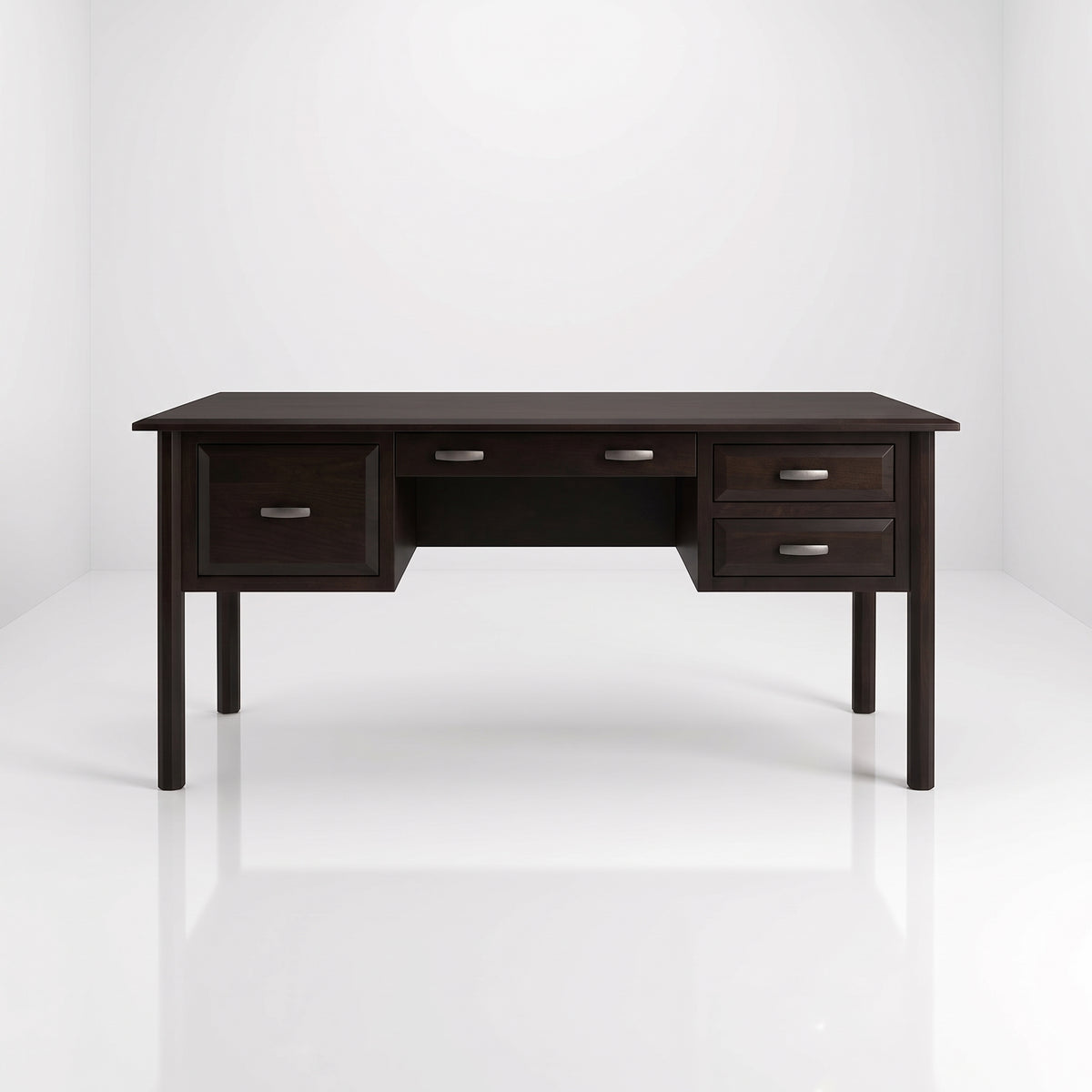 The Charlotte Hardwood Desk is a handcrafted dark wood desk featuring a central drawer, two side drawers, two smaller drawers, and silver hardware.