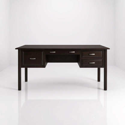 The Charlotte Hardwood Desk is a handcrafted dark wood desk featuring a central drawer, two side drawers, two smaller drawers, and silver hardware.