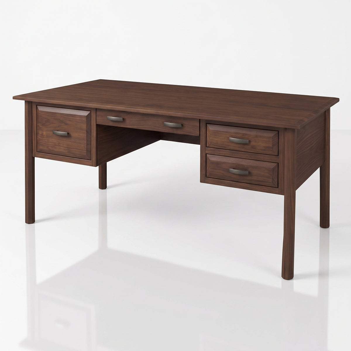 The Charlotte Hardwood Desk is a dark, handcrafted hardwood desk featuring a central drawer, a large drawer on the left, and two stacked drawers on the right, all with metal hardware for convenient desk storage.