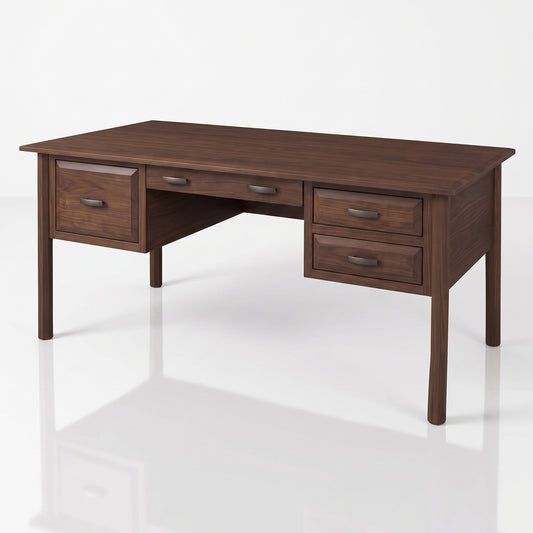 The Charlotte Hardwood Desk is a dark, handcrafted hardwood desk featuring a central drawer, a large drawer on the left, and two stacked drawers on the right, all with metal hardware for convenient desk storage.